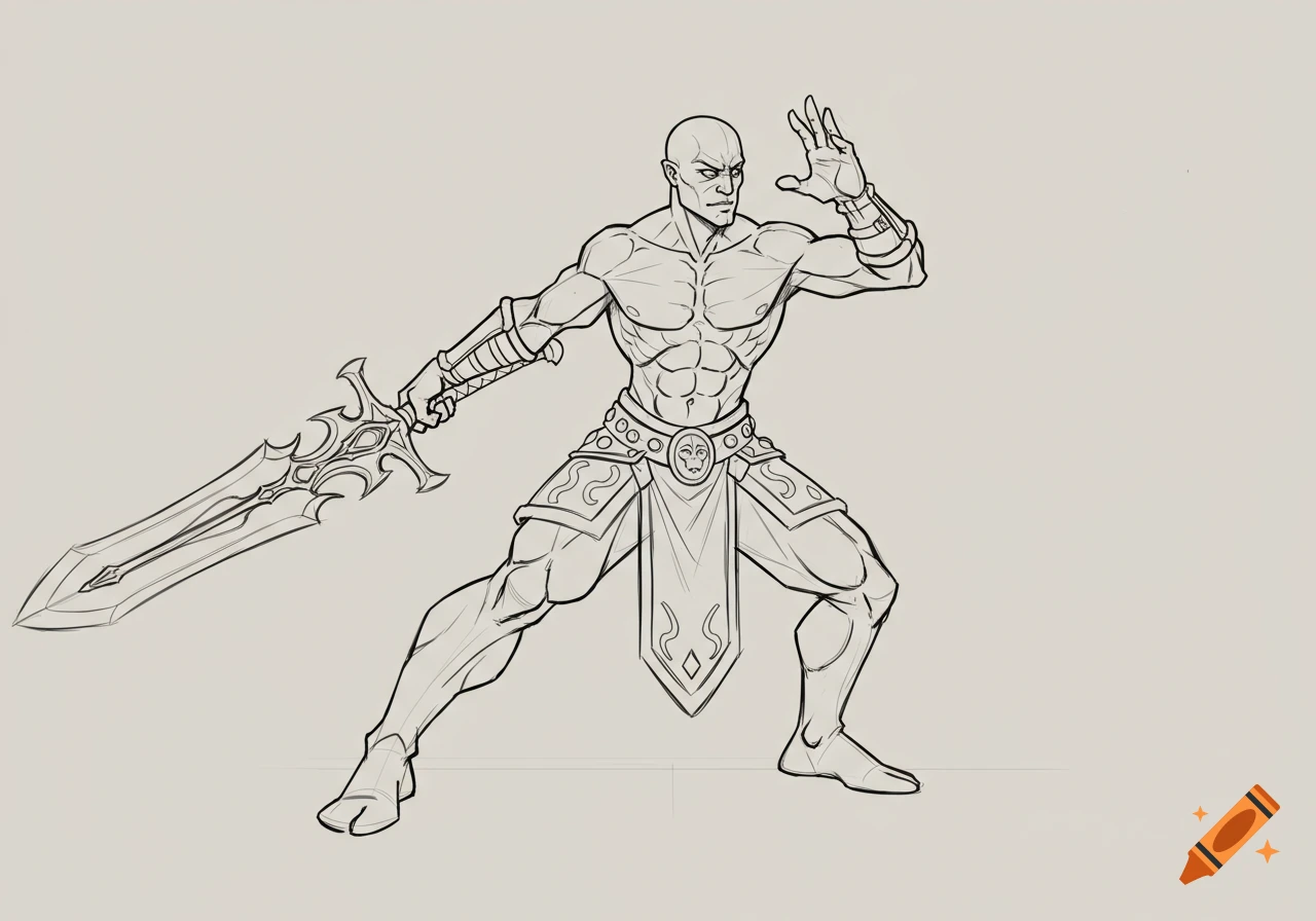 A bald, muscular warrior in a loincloth and armbands holds an ornate sword and raises his left hand in a dynamic pose. Line art drawing.
