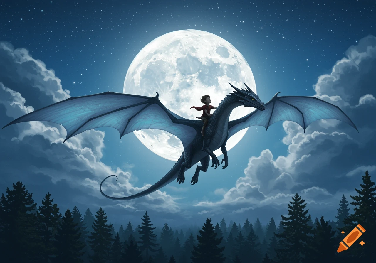 A boy rides a majestic blue dragon flying across a bright full moon and starry night sky over a dark forest.