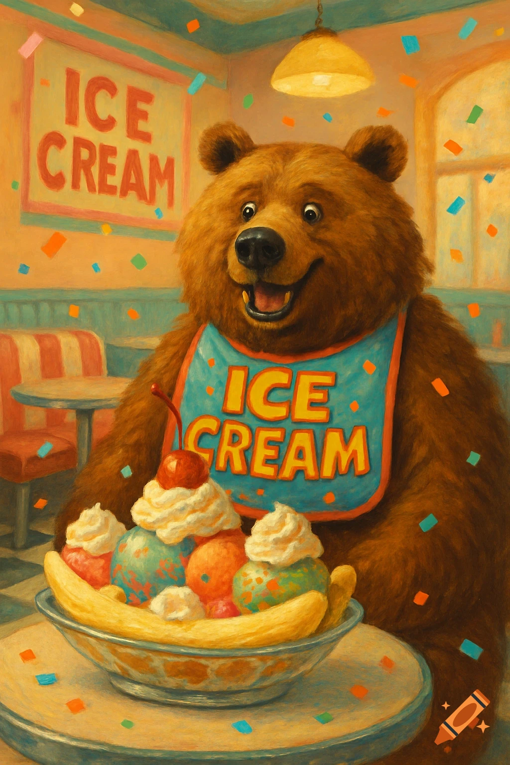 Happy grizzly bear in an 'ICE CREAM' bib at a parlor, about to eat a banana split, with confetti, painterly style.