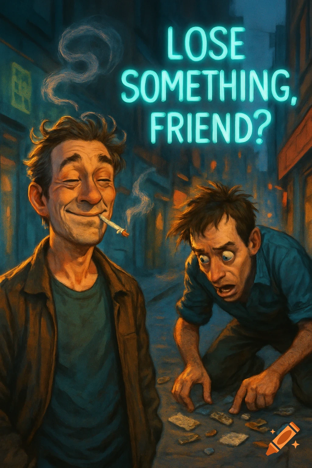 A smiling man casually smokes a cigarette while a frantic man searches the ground in a stylized street scene, with neon text 'LOSE SOMETHING, FRIEND?'.