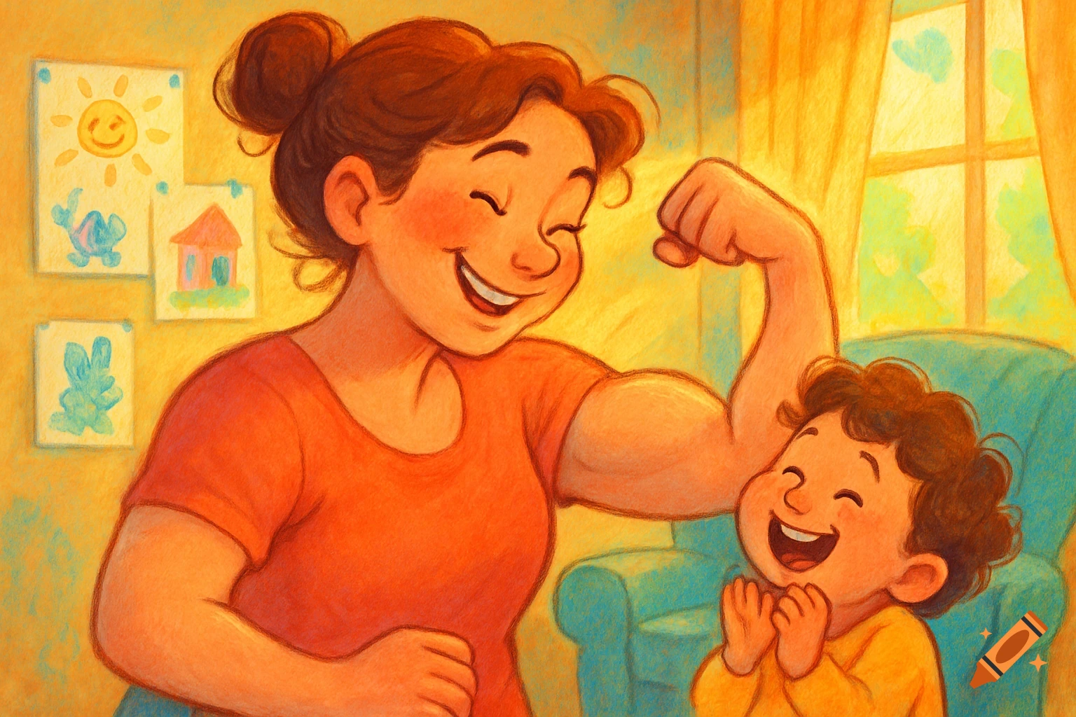 A smiling mother flexes her bicep for her happy child in a warm, illustrative style, with child drawings on the wall.