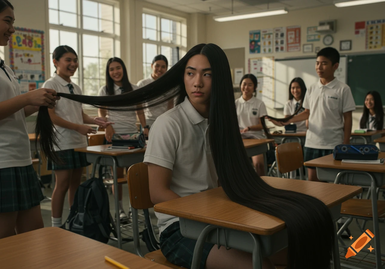 A high school student with incredibly long, flowing black hair sits at a desk in a classroom while other students watch and playfully braid it. Photorealistic style.