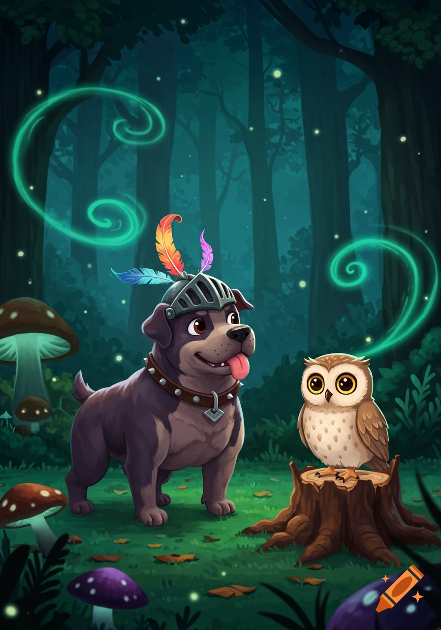 Cartoon guard dog in a feathered helmet and an owl in an enchanted forest with glowing mushrooms and green magic swirls.