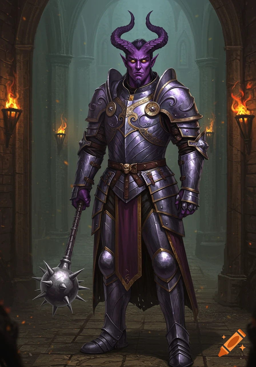 A purple-skinned Tiefling in ornate silver and purple plate armor holds a mace, standing in a torchlit stone hall. Fantasy art.