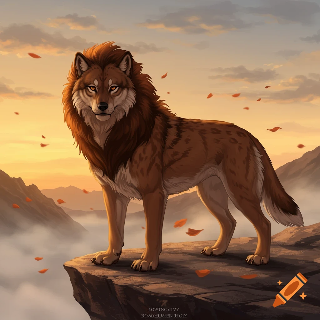 Illustrative brown wolf-lion hybrid stands on a rocky cliff at sunset, overlooking foggy mountains with falling leaves.