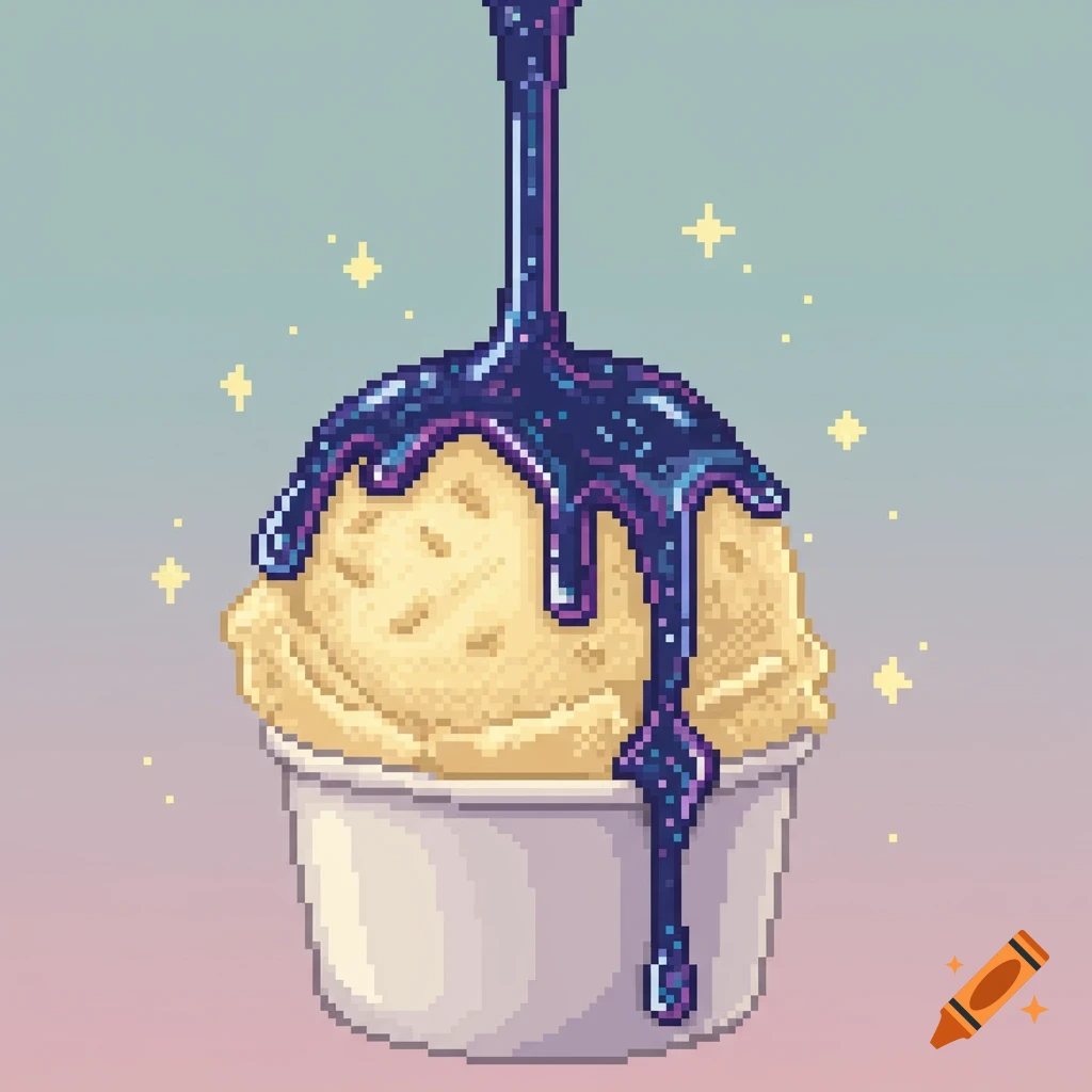 Pixel art of vanilla gelato in a white cup, topped with dark blue, purple, and starry 'mystical brew' syrup.