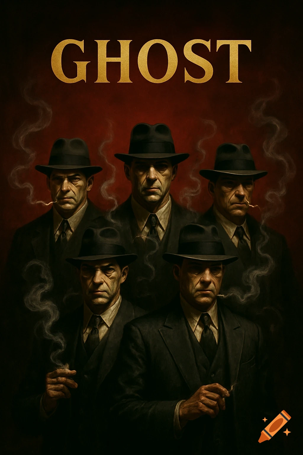 Five serious men in suits and fedora hats, smoking, against a dark red background with "GHOST" in gold text.