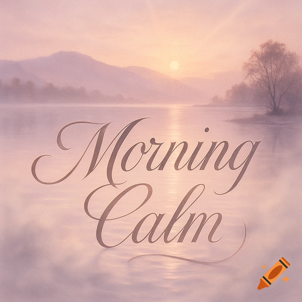 Serene morning landscape with 'Morning Calm' text over a misty lake, mountains, and sunrise.