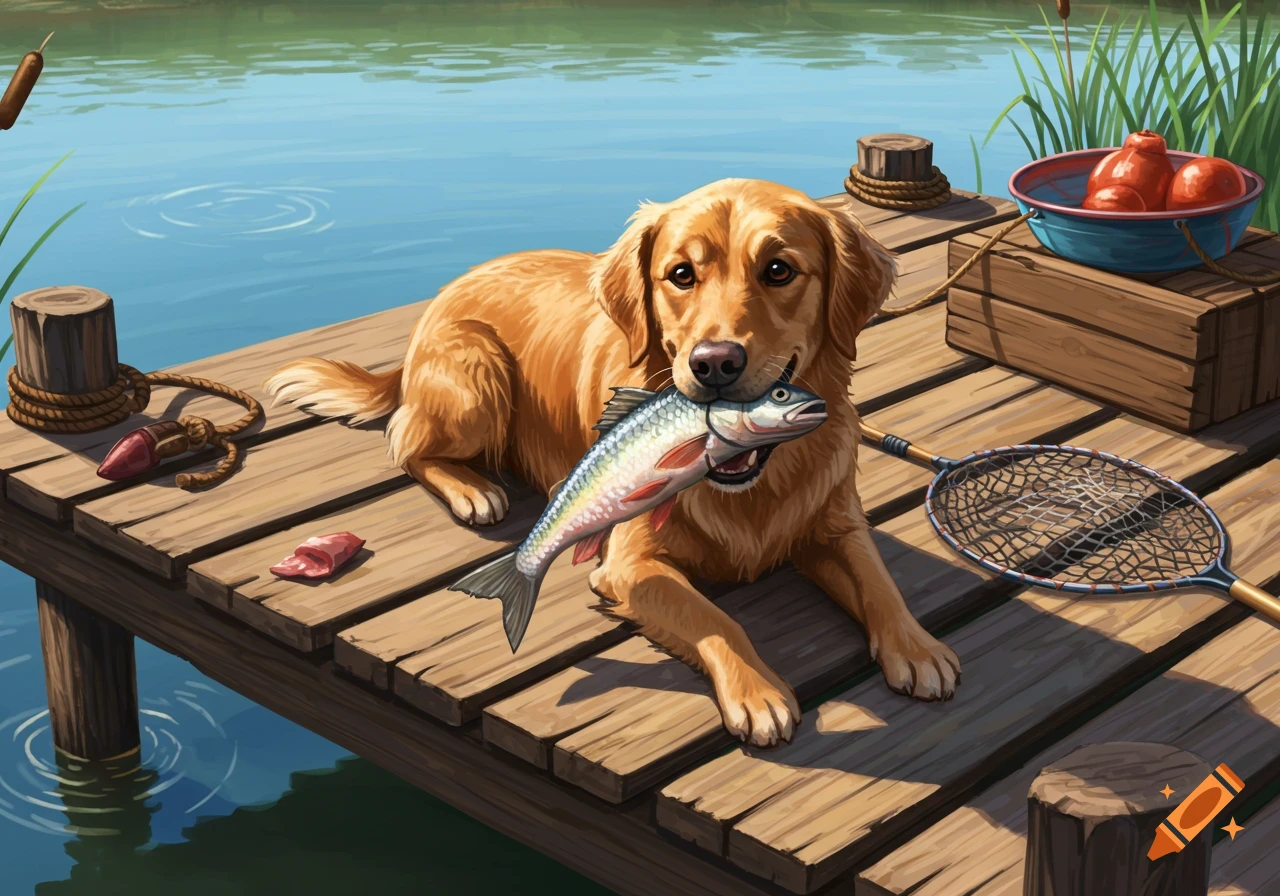 An illustrated golden retriever dog lies on a wooden dock, holding a freshly caught fish in its mouth by a calm lake.