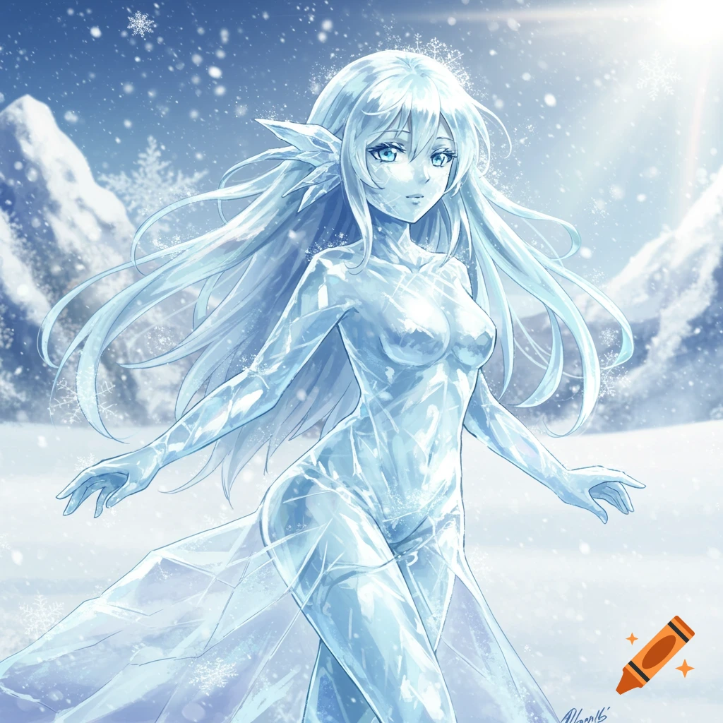 Anime girl made of ice with long white hair in a snowy mountain landscape, falling snowflakes.