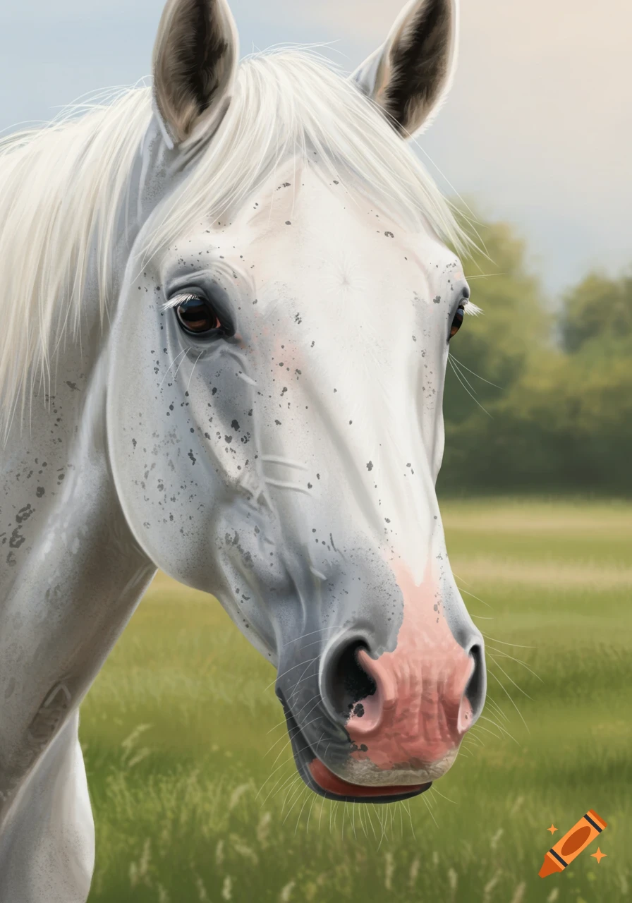 Close-up photorealistic portrait of a white flea-bitten grey horse with a pink nose in a green field.