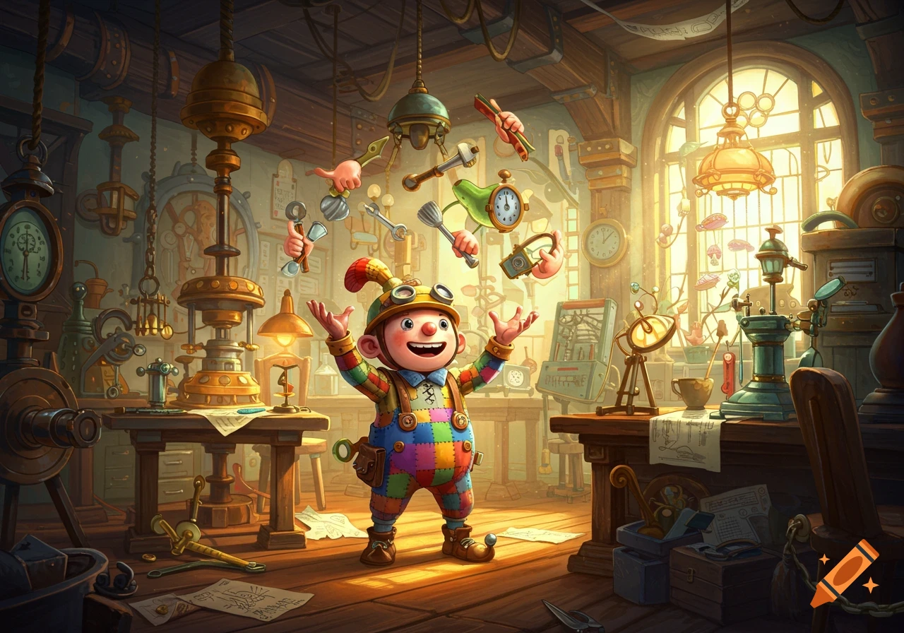 A cheerful, round character in a colorful patched outfit and goggles stands in a cluttered, magical workshop, juggling floating tools and disembodied hands.