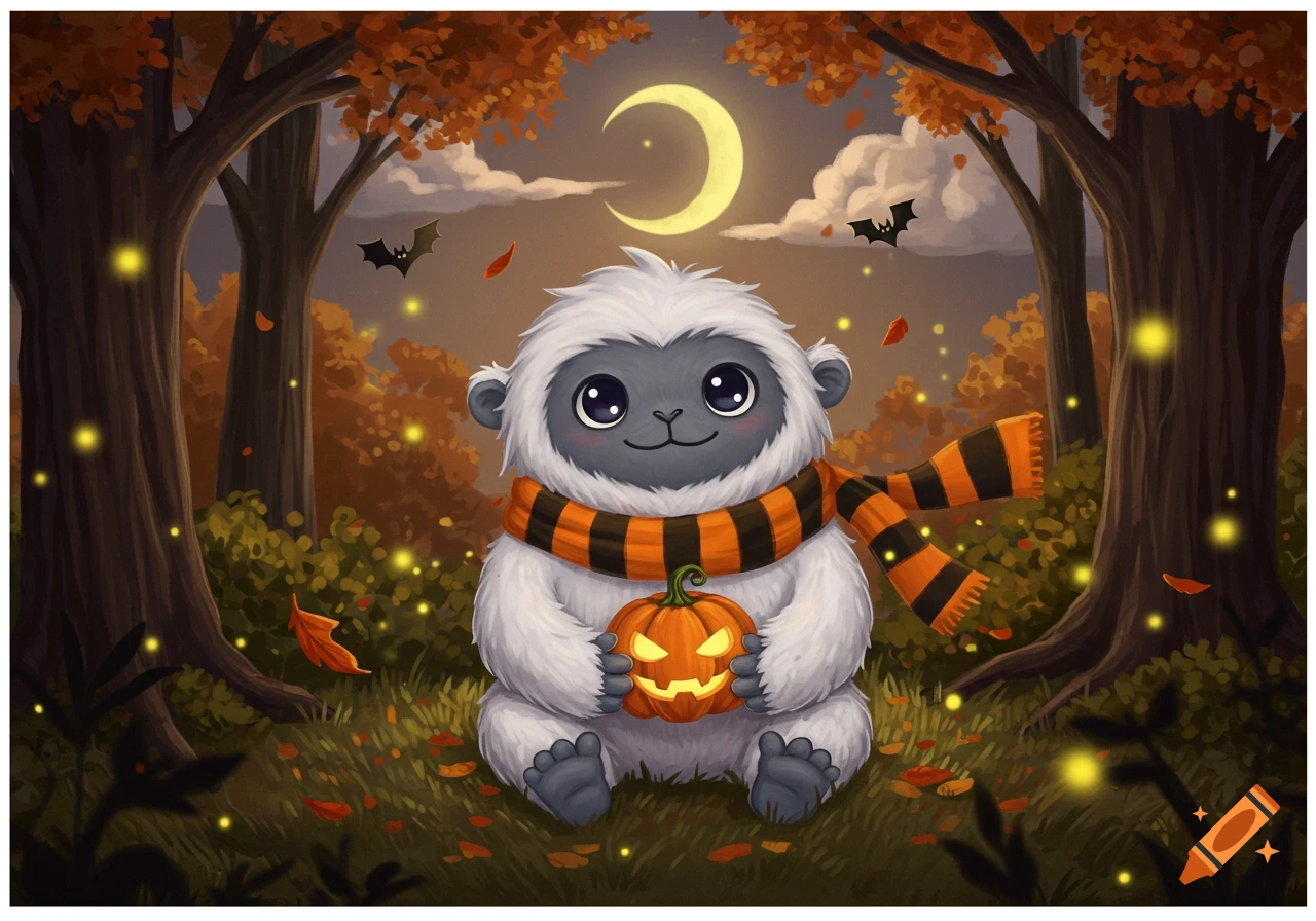 A cute, fluffy white yeti with an orange and black striped scarf holds a glowing jack-o'-lantern in an autumn forest with bats and a crescent moon.