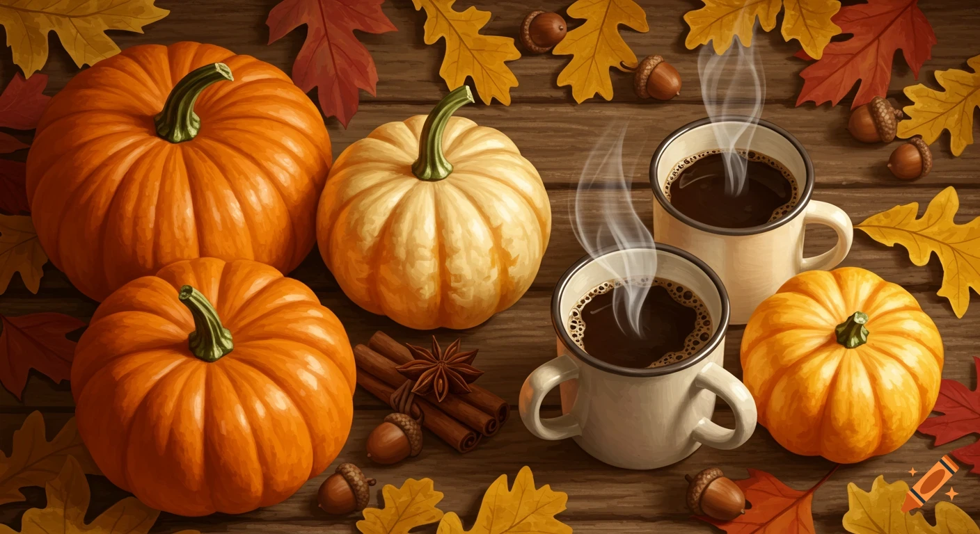 Autumn still life illustration with pumpkins, steaming coffee mugs, fall leaves, and acorns on a wooden table.