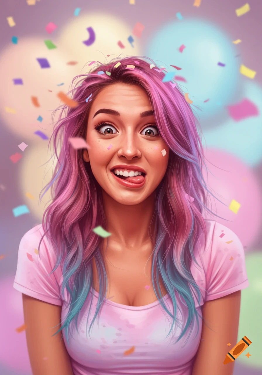 Playful woman with pink and blue hair makes a funny face, sticking out her tongue, surrounded by colorful confetti.
