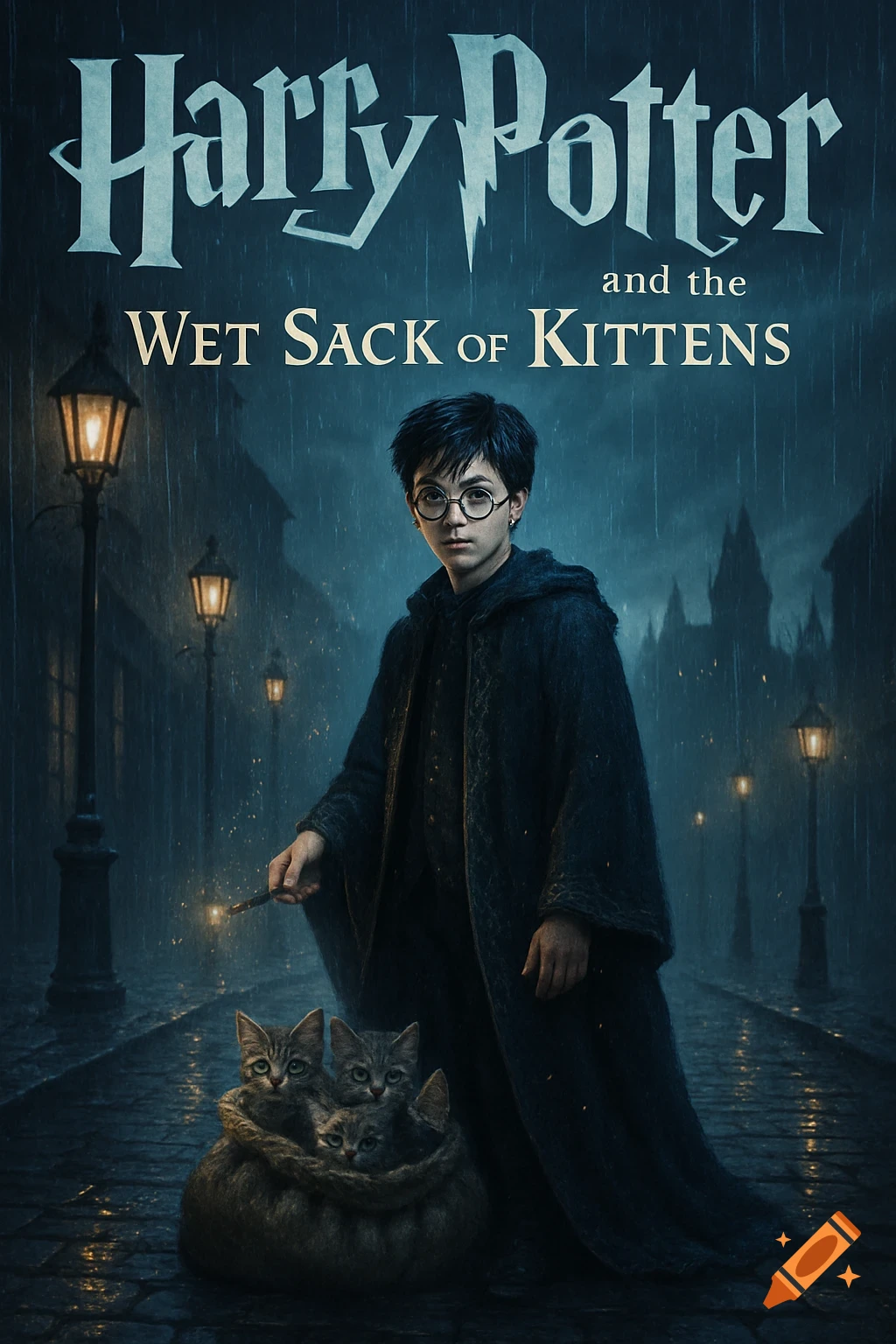 Harry Potter on a dark, rainy street at night, holding a glowing wand and a sack of kittens. Book cover style.