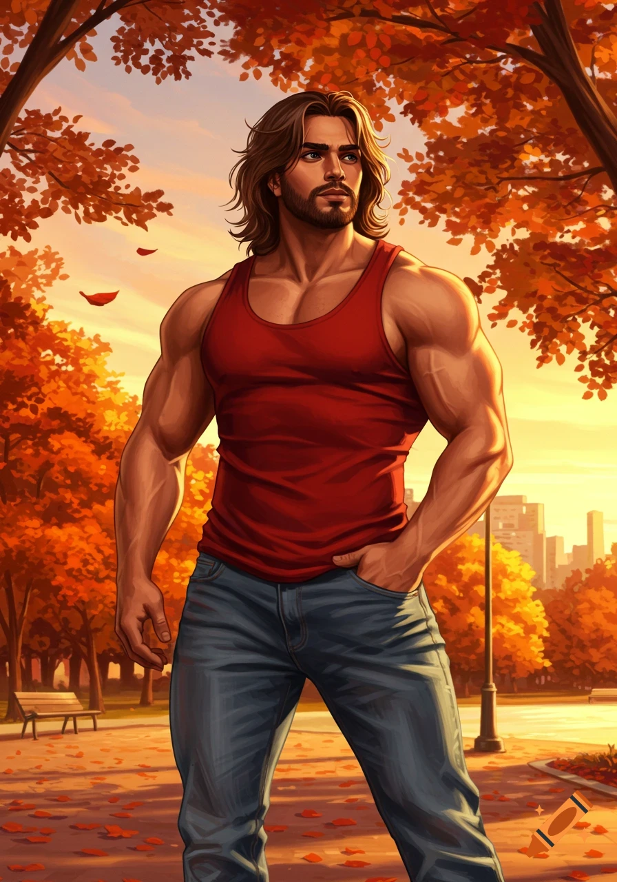 Illustrated portrait of a muscular man with long brown hair and beard in a red tank top and blue jeans, standing in an autumn park.