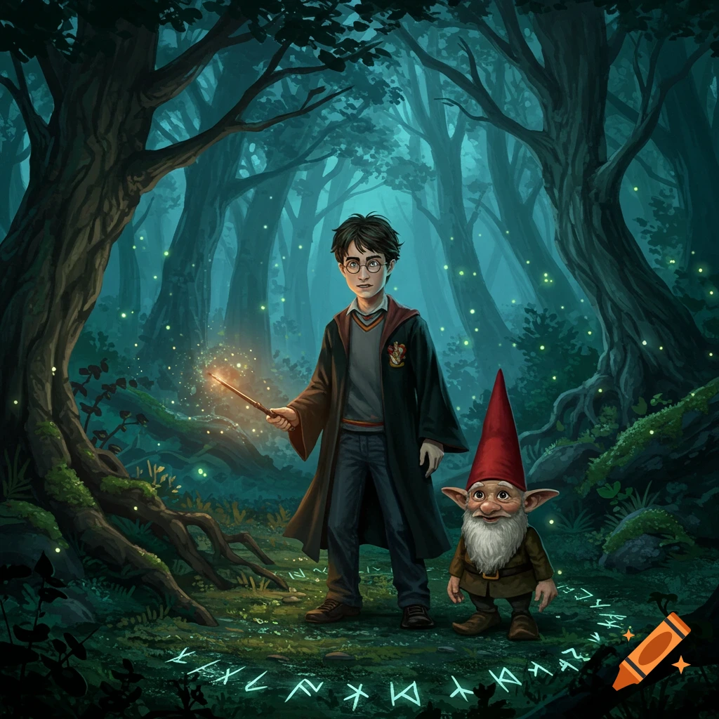 Harry Potter and a gnome stand in a dark, magical forest with glowing runes on the ground, Harry holds a glowing wand.