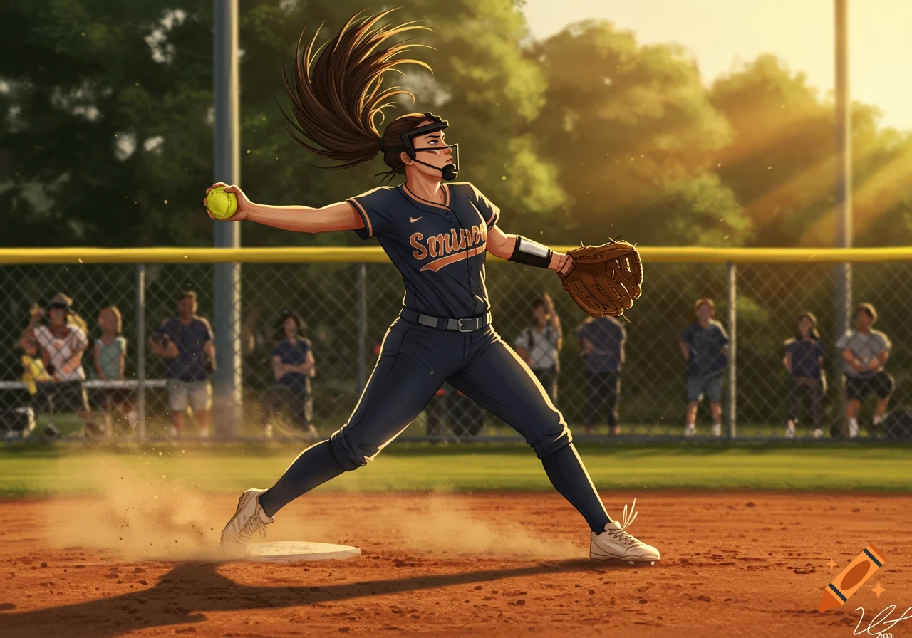 An energetic illustration of a female softball player pitching on a dirt mound, with golden light in the background.