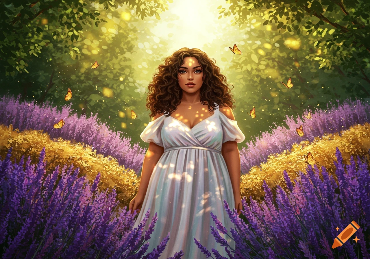 Illustrative portrait of a curly-haired woman in a white dress in a sunny field of purple and yellow flowers with butterflies.