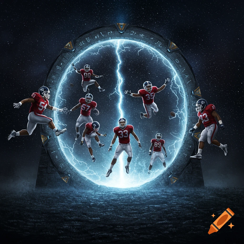 Football players in red jerseys flying through a glowing blue Stargate portal with lightning effects in a starry space environment.