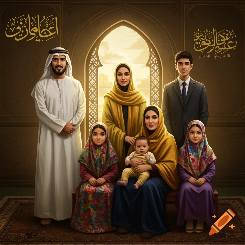 A formal portrait of an Arab family, with a man, two women, a teenage boy, two young girls, and a baby, all in traditional attire.