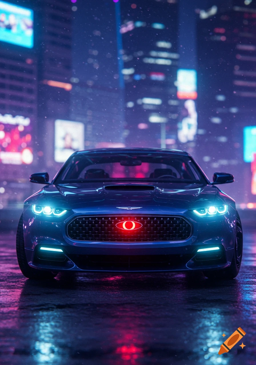 A dark blue futuristic sports car with glowing blue headlights and a red circular emblem on the grille, parked on a wet street in a neon-lit cyberpunk city at night.