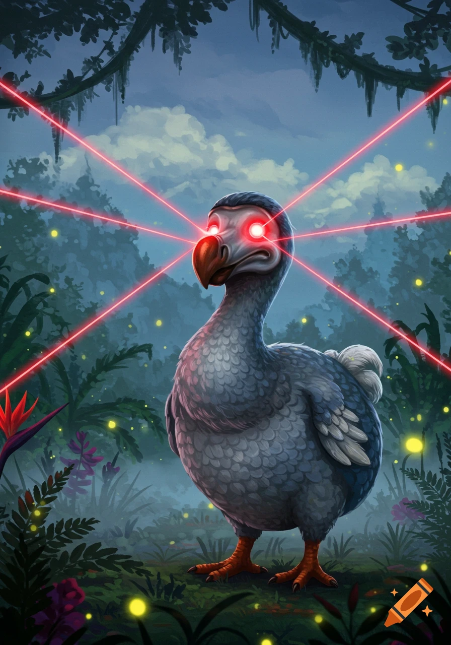 An illustrated dodo bird with glowing red eyes shoots red laser beams in a mystical jungle.