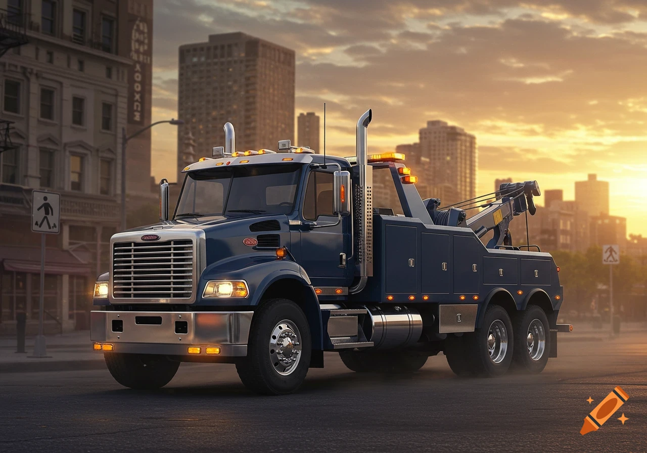 Photorealistic dark blue tow truck on a city street at sunset, with tall buildings in the background.