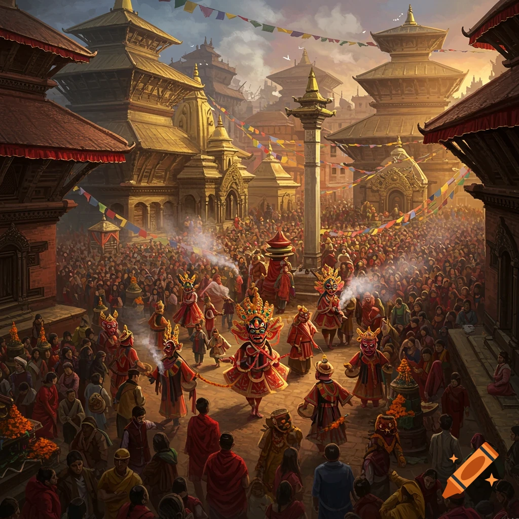 Detailed artwork of a crowded Indra Jatra festival in Nepal, featuring masked dancers, ornate temples, and traditional architecture.