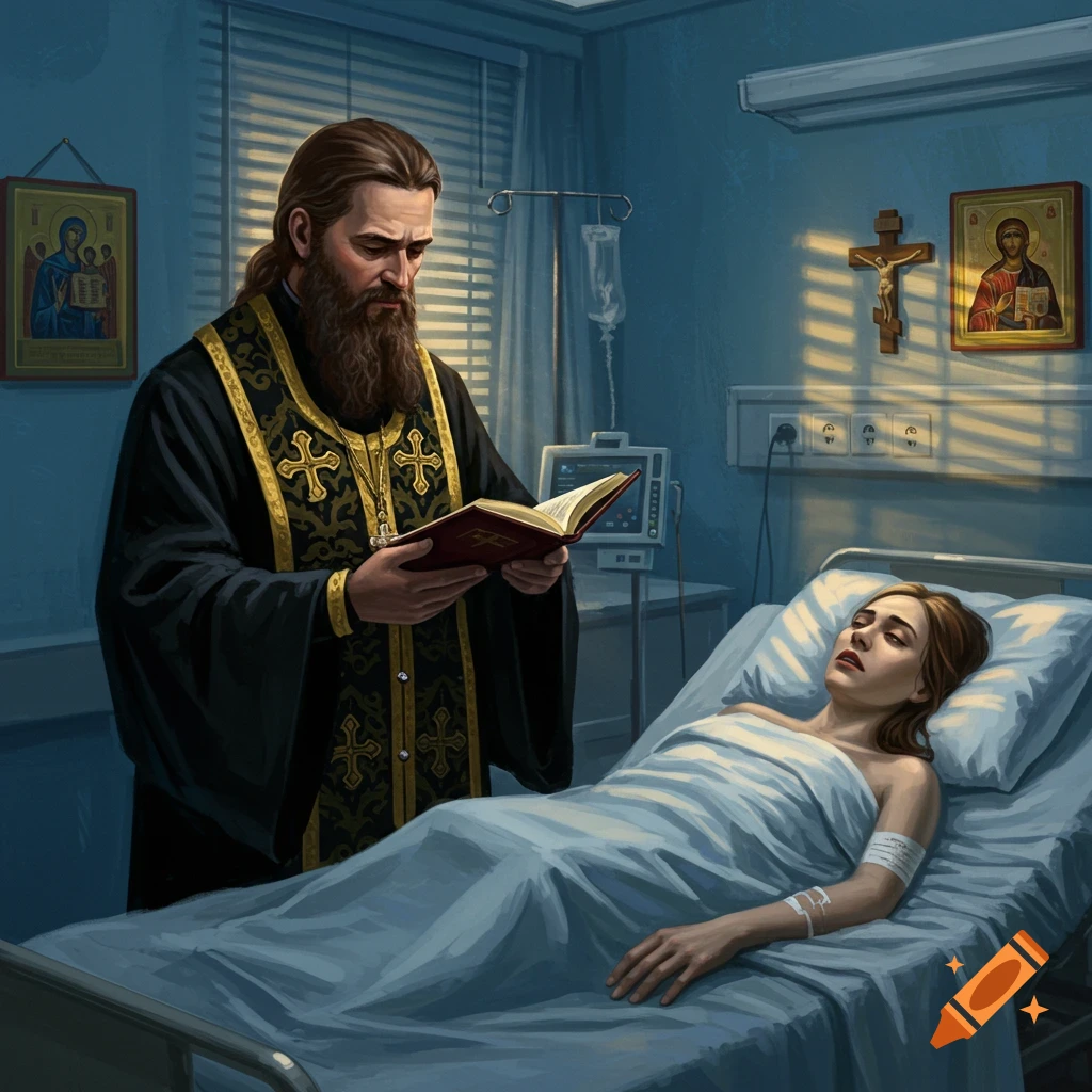 A bearded Russian Orthodox priest in a black and gold cassock reads a book by the hospital bed of a woman with an IV, religious icons on the wall.