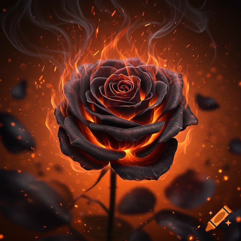 A dark black rose engulfed in vibrant orange flames and smoke, with glowing embers floating against a warm orange background.
