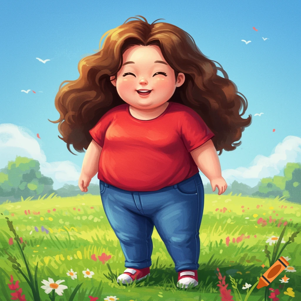 Cartoon illustration of a happy chubby girl with brown hair, red shirt, blue jeans, and sneakers in a wildflower meadow under a blue sky.