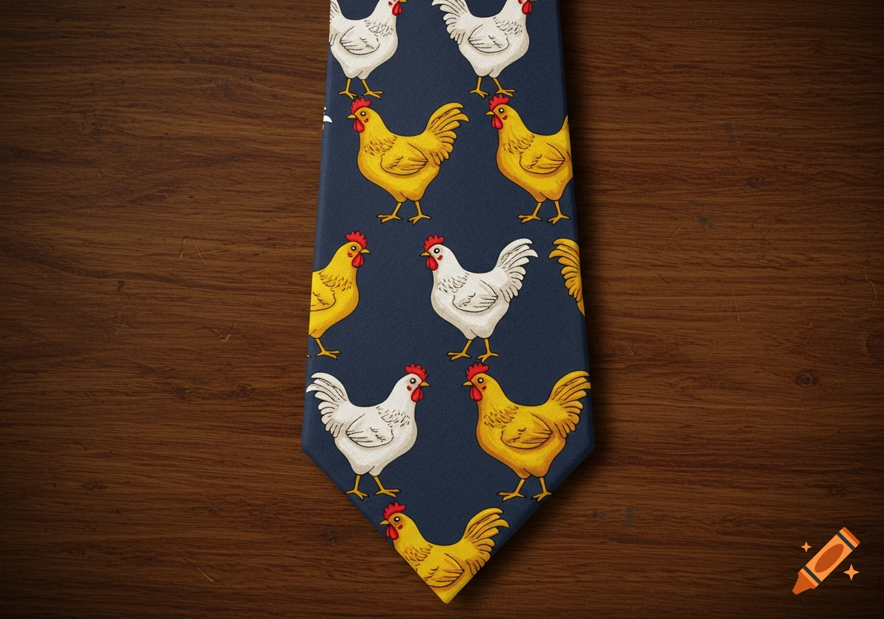 A dark blue necktie with a repeating pattern of cartoonish yellow and white chickens, lying on a wooden surface.