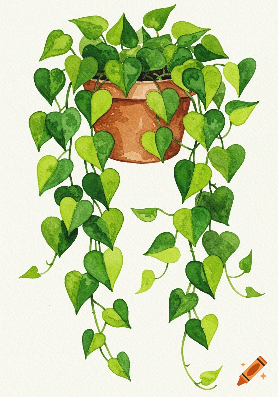 Watercolor illustration of a vibrant green pothos plant with heart-shaped leaves cascading from a terracotta pot.