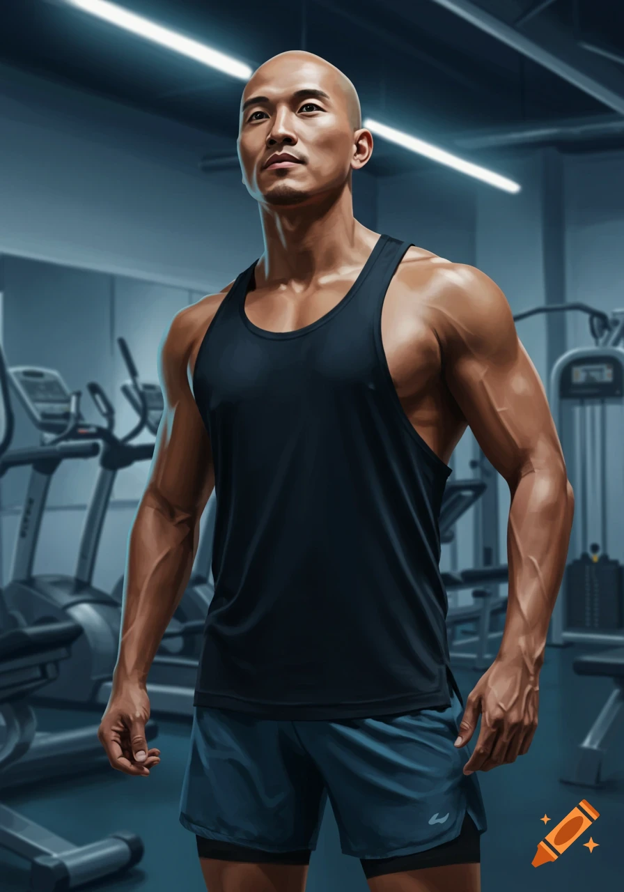 A bald, muscular man in a black tank top and blue shorts stands in a gym, looking upwards. Photorealistic style.
