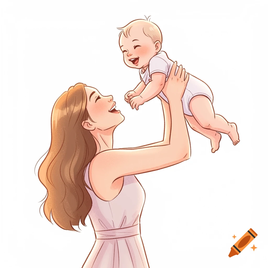 Smiling cartoon mother holding her happy baby aloft against a white background.