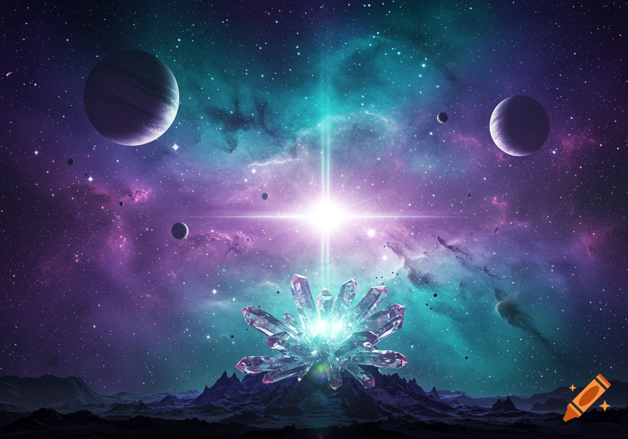 A vibrant cosmic landscape with planets, colorful nebulae, and a large glowing crystal formation on a dark, rocky terrain.