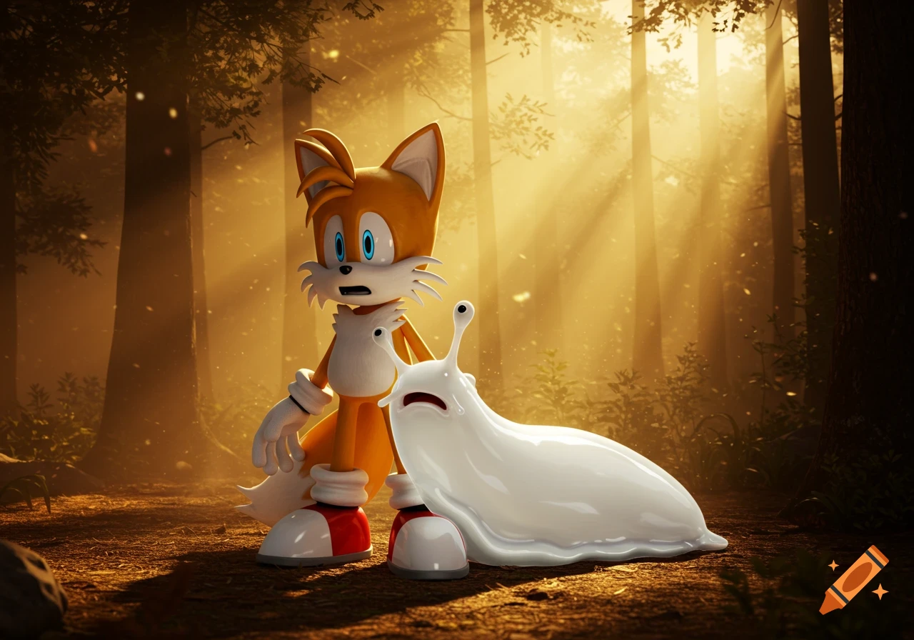 Tails the fox looks frazzled next to a large white slimy slug in a sunlit, mystical forest.