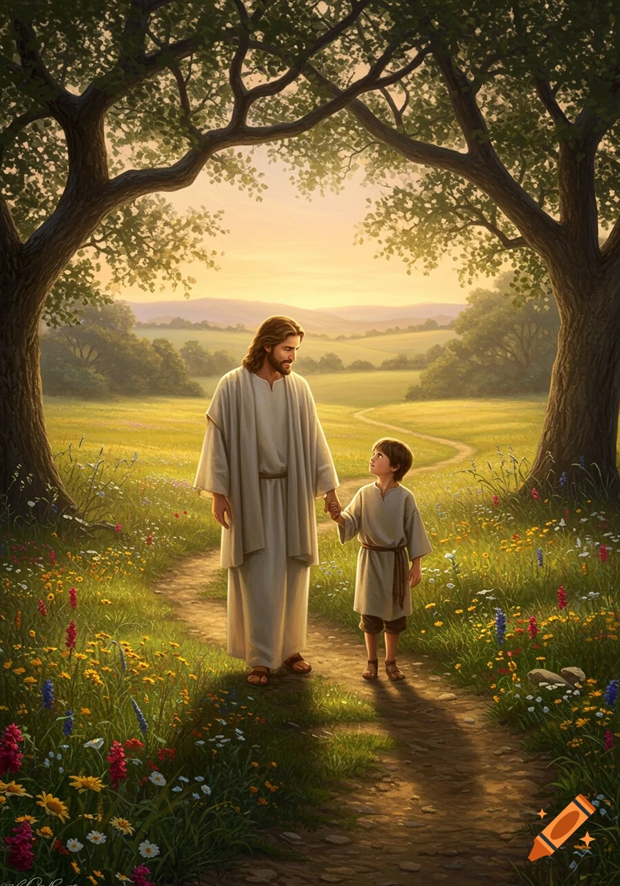 Jesus and a young boy walk hand-in-hand down a sunlit dirt path through a vibrant meadow with wildflowers, framed by large trees.