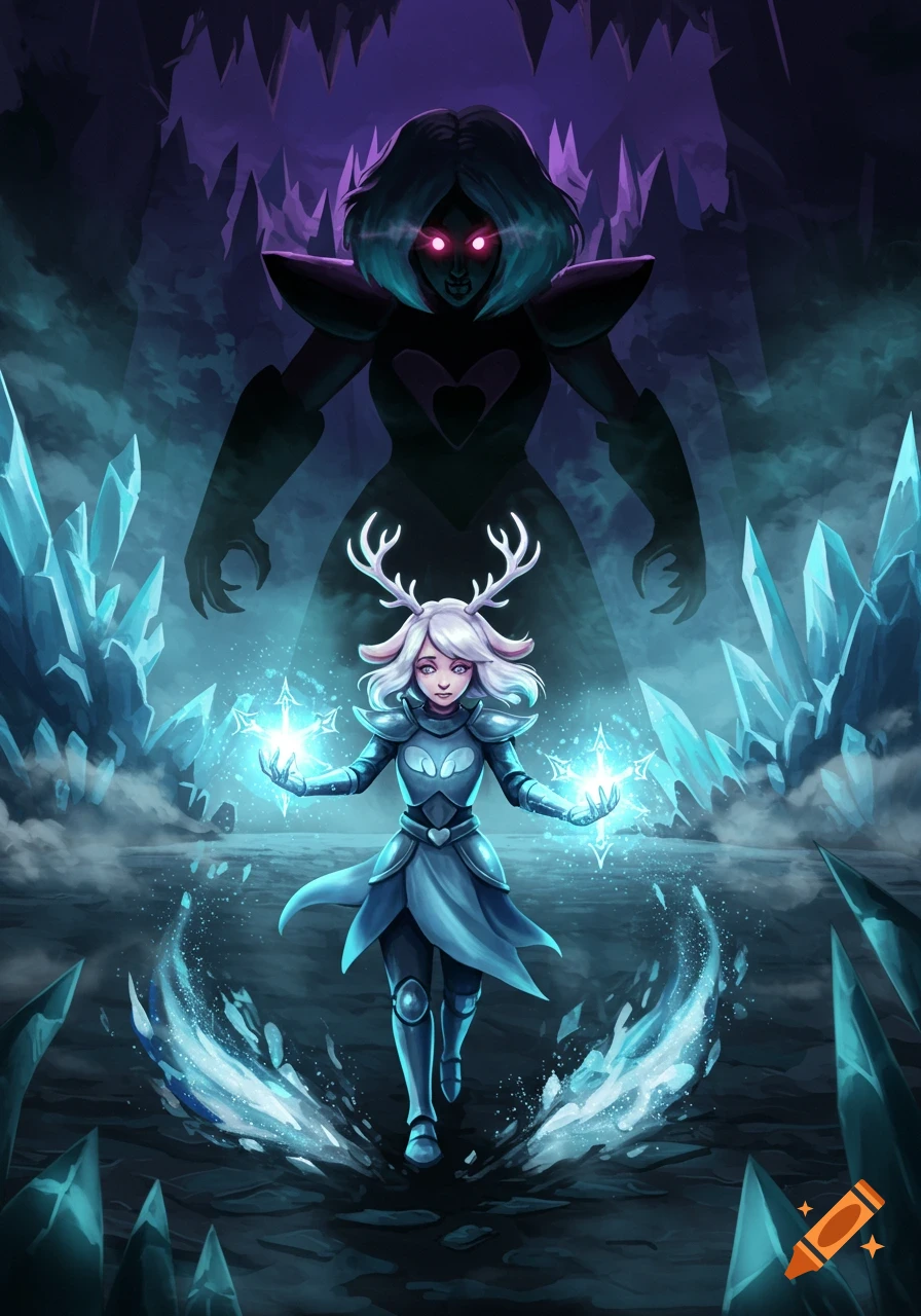 A small girl with antlers and blue armor casts ice magic in a dark, icy cave, a giant shadowy figure with red eyes looming behind her.