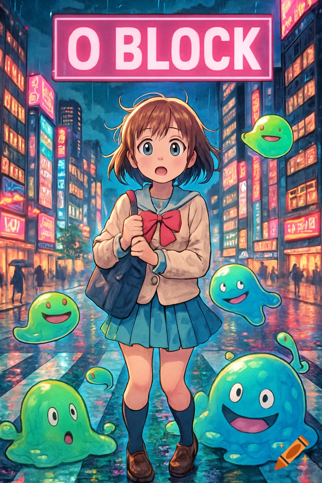 An anime girl in a school uniform stands in a rainy city street at night, surrounded by smiling green and blue slimes, with an 'O BLOCK' sign above.