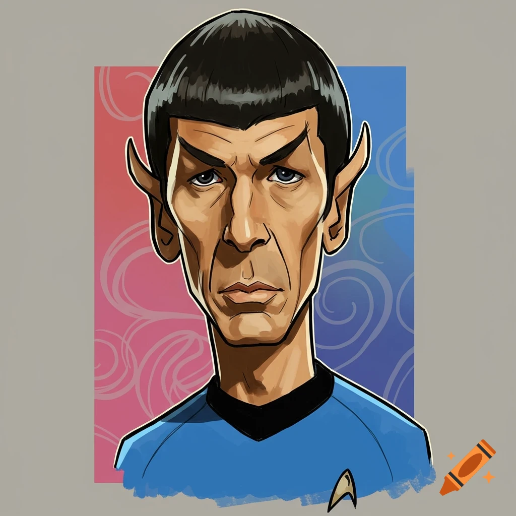Cartoon caricature of Spock from Star Trek in a blue uniform, against a pink and blue background.