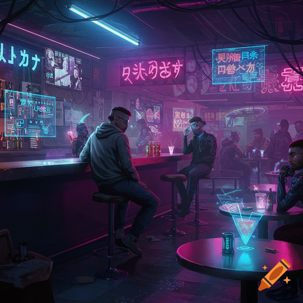 A dark, neon-lit cyberpunk bar with patrons at the counter and tables. Holographic displays and glowing signs fill the futuristic space.