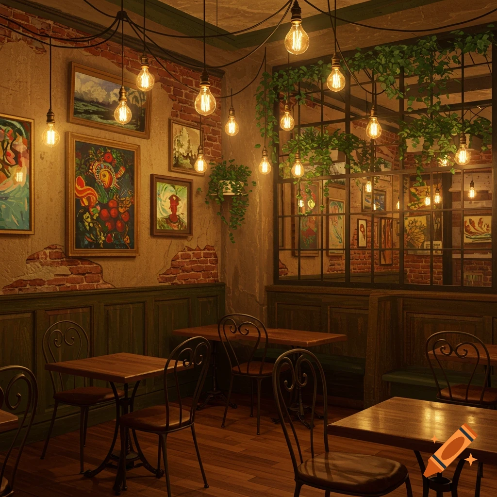 Cozy cafe interior with warm lighting from hanging Edison bulbs, framed art on distressed brick and wood paneling, and empty wooden tables with metal chairs.