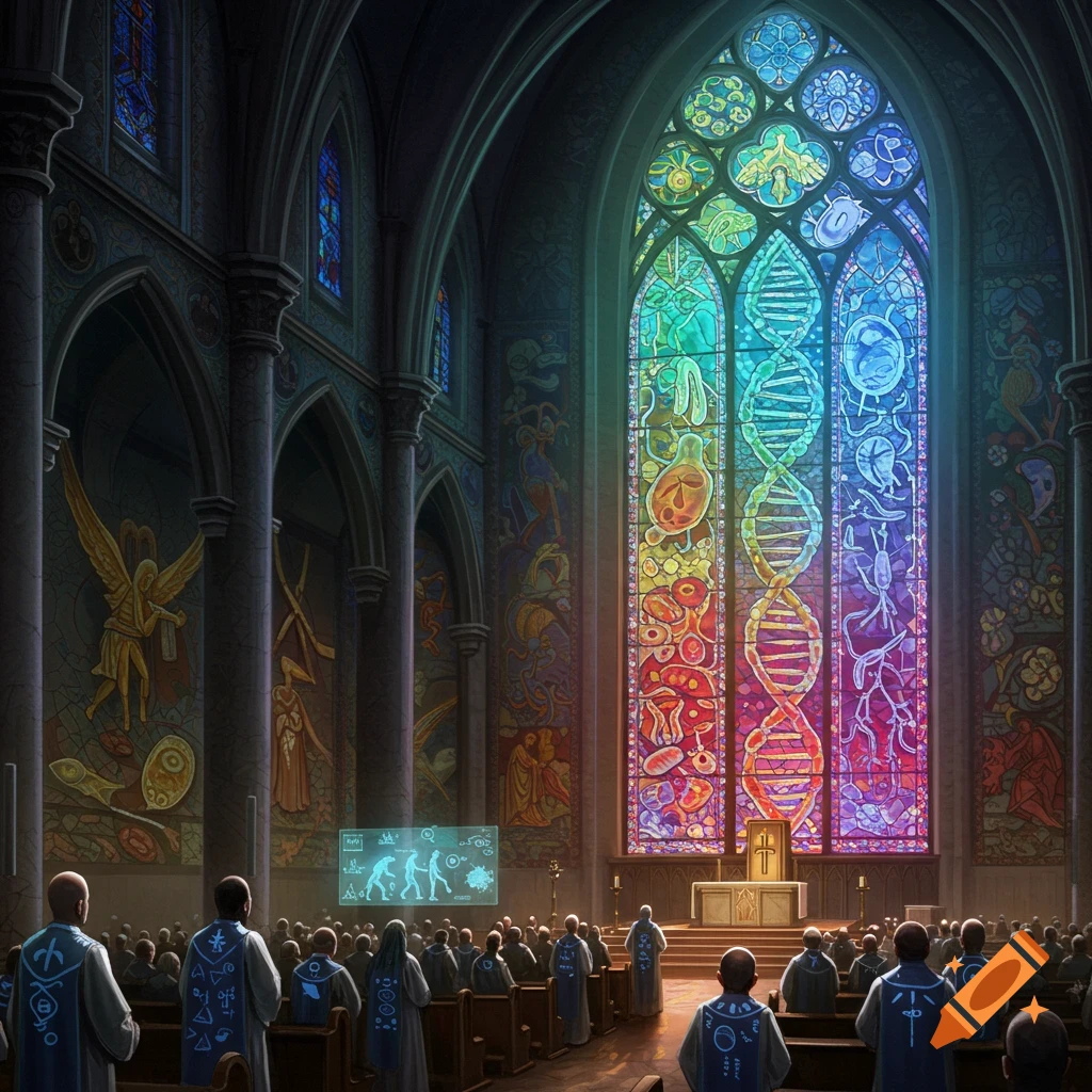 A detailed illustration of a church interior with a congregation facing an altar and a large stained-glass window showing DNA and biological forms. A screen displays science diagrams.