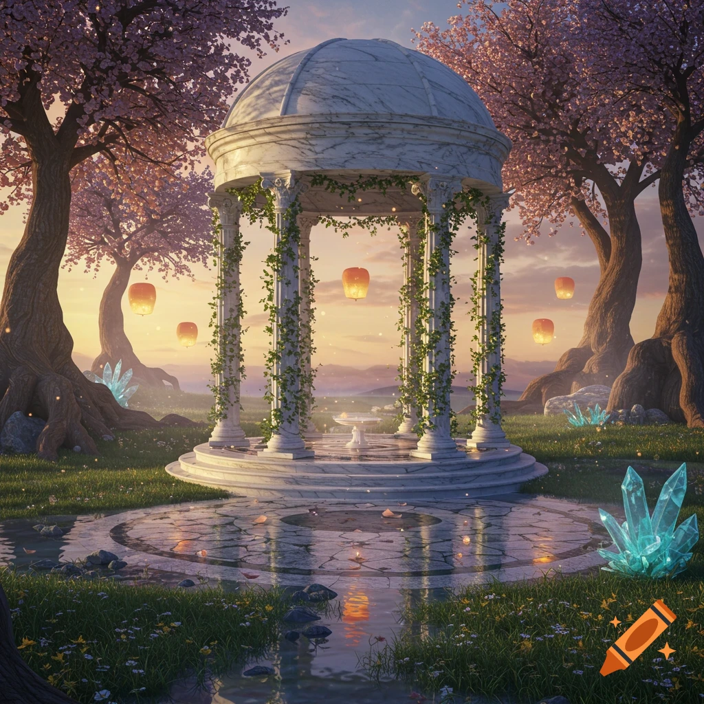 A dreamy white marble pavilion with vines, surrounded by pink cherry blossom trees, glowing blue crystals, and orange floating lanterns at sunset.