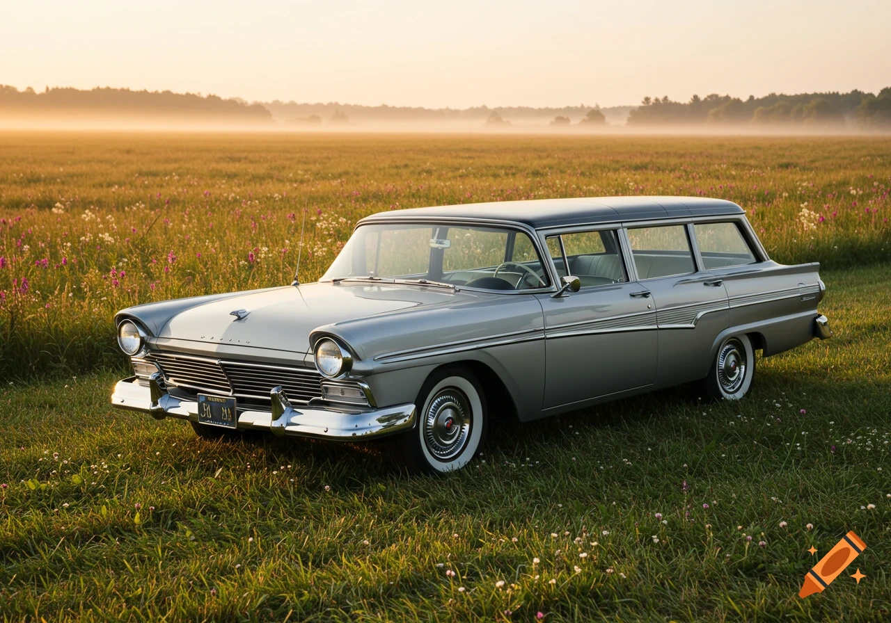 A silver and black 1957 Ford Del Rio Ranchwagon in a grassy field during golden hour.