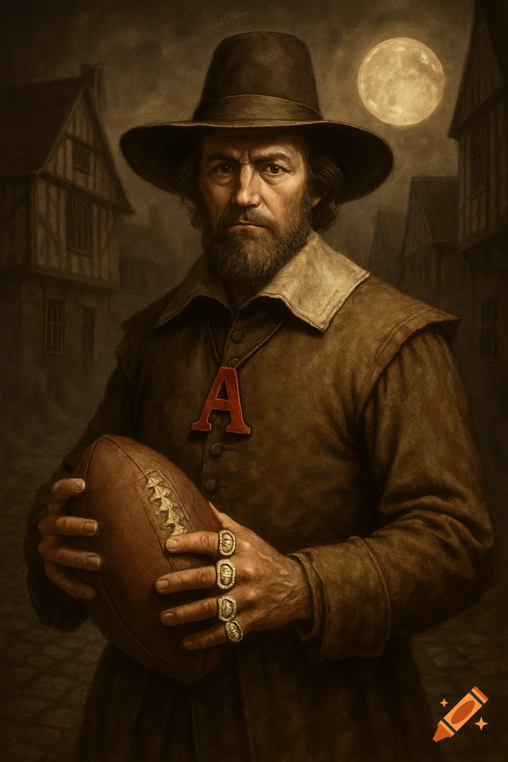 A man resembling a pilgrim, wearing a hat and an 'A' necklace, holds a football while wearing championship rings, standing in a dark, old-fashioned town under a full moon. Painted style.