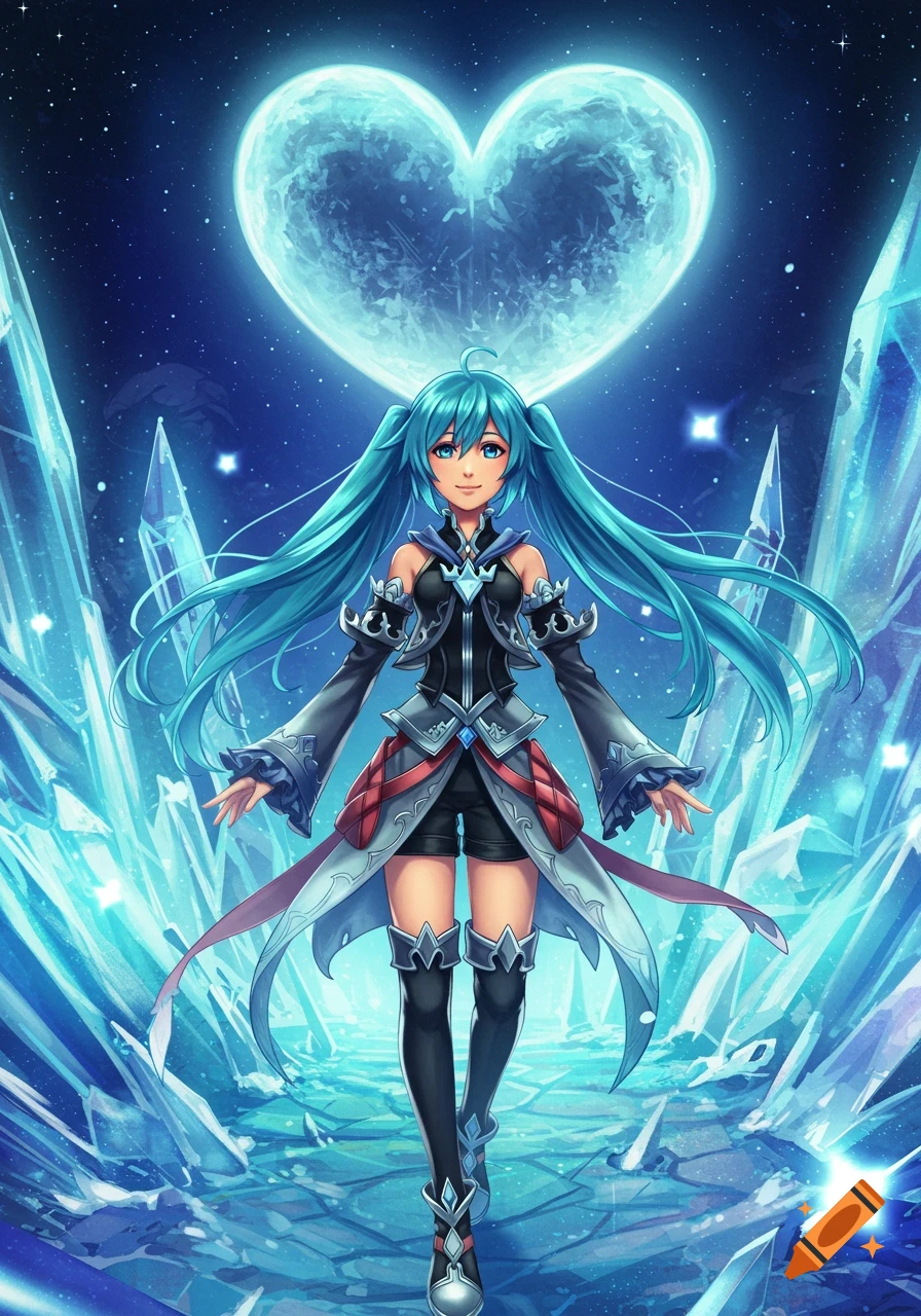 An anime girl with long teal pigtails and blue eyes, in a black and gray outfit, stands among glowing blue ice crystals under a heart-shaped moon.